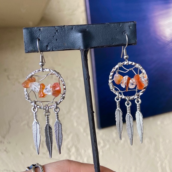 Carnelian & crystal quartz dream catcher earrings - Picture 6 of 6